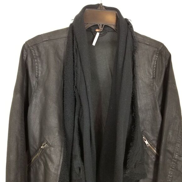 Free People Black Moto Cardi Jacket Sz 4 Waterfall Single Button Front Zip Cuffs - Picture 2 of 8